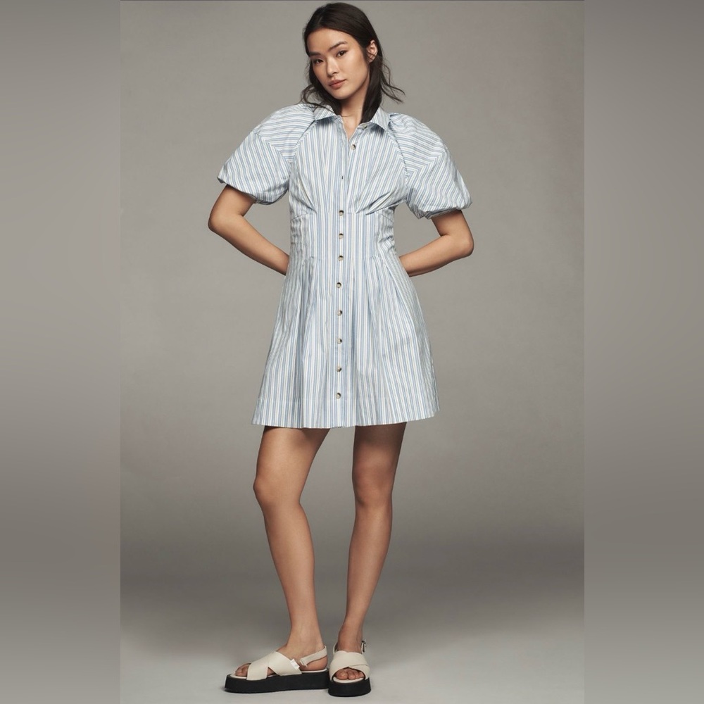 ✨ Anthropologie Puff-Sleeve Mini Shirt Dress Sz L - Picture 2 of 11